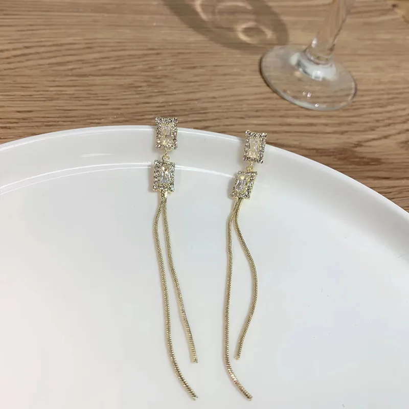 كامل الماس مزدوجة مستطيل الشرابة الأقراط الطويلة الطبعة الكورية قسط شخصية ضوء الفاخرة وأقراط S925 الفضة ني #3