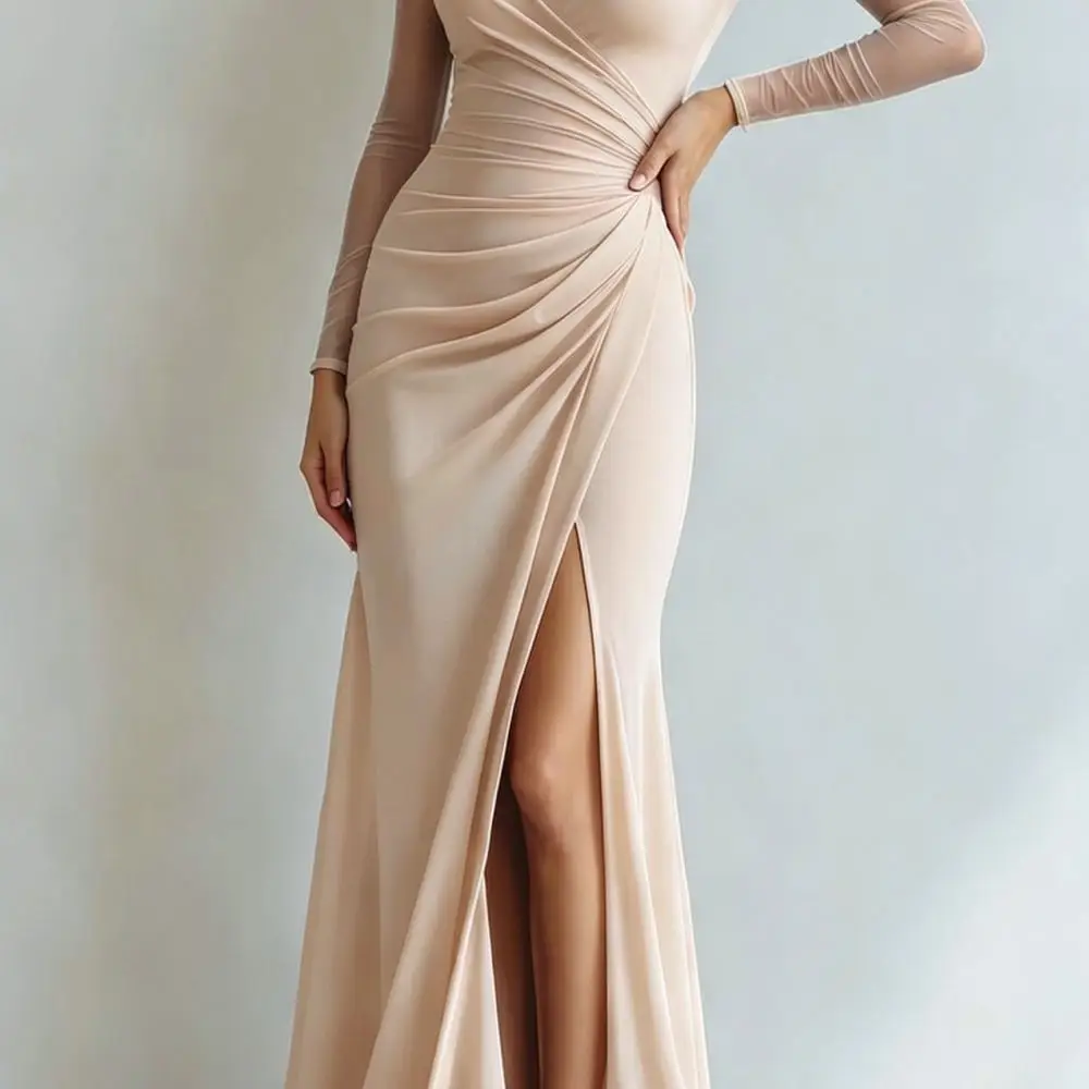 Womens Sexy Long Sleeve Maxi Dress Formal Evening Party Wear Slim Fit High Waist Pleated Bodycon Elegant Cocktail Gown