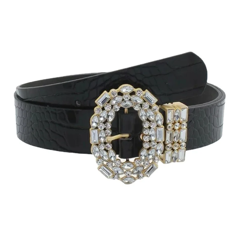 Fashion Luxury Brand Pu Belt For Women Rhinestone Buckle Waist Strap Y2K Designer Female Jeans Simple Decoration Waistband