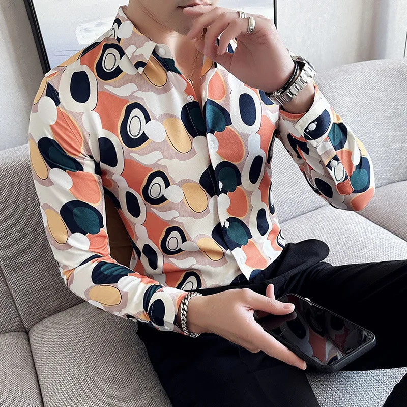 2023 Summer Art Dot Printing Shirts Men Slim Fit Casual Shirts High Quality Social and Business Formal Shirt Party Tuxedo Blouse