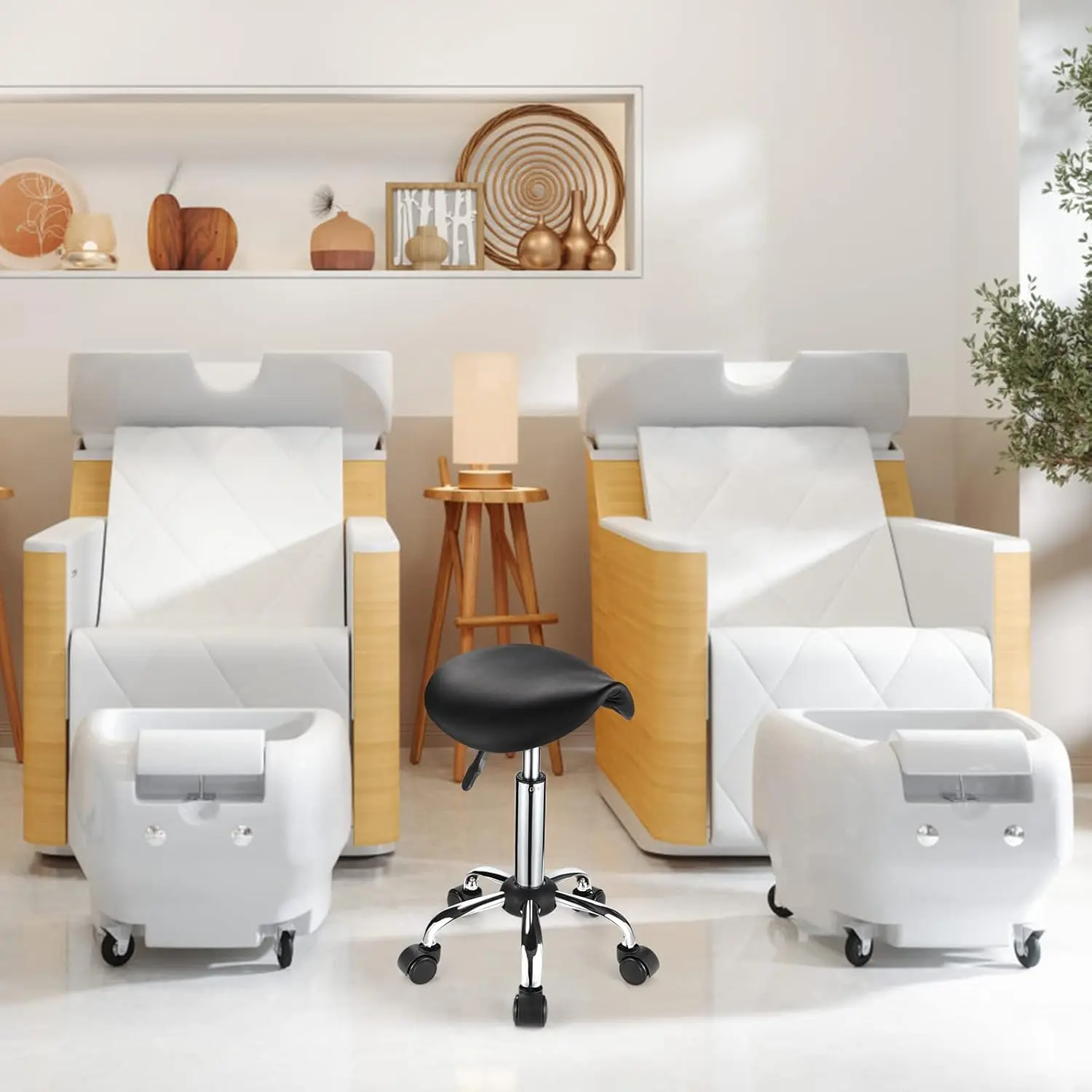 Adjustable Rolling Saddle Stool with PU Leather and 5 Wheels for Office or Home