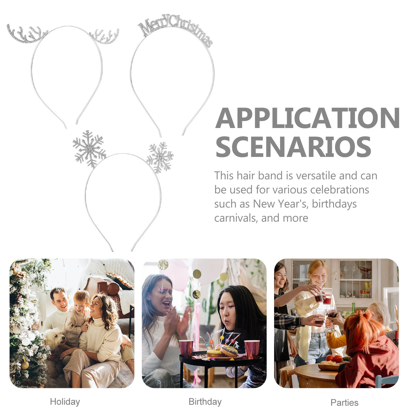 Snowflake Rhinestone Christmas Headbands for Women – 3pcs Holiday Party Hairbands, Festive Festival Hair Accessories
