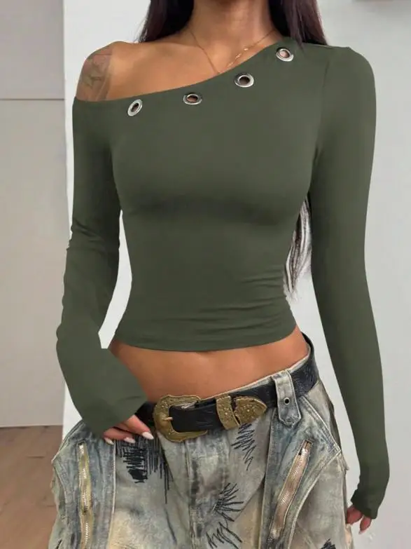 

Women's Top 2025 Autumn/winter New Women's Fashion Casual Slant Shoulder Short Top, Slim Fit Long Sleeved T-Shirt, Women's Wear