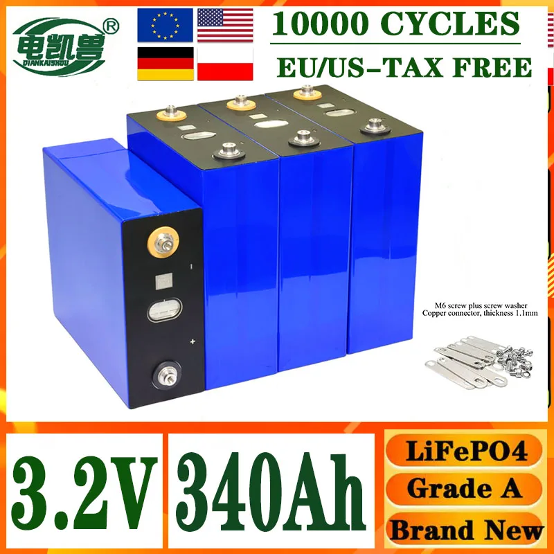 

A-grade new 340Ah 10000 cycle LiFePO4 3.2V rechargeable battery, suitable for DIY 12V 24V 48V RV electric vehicle solar system
