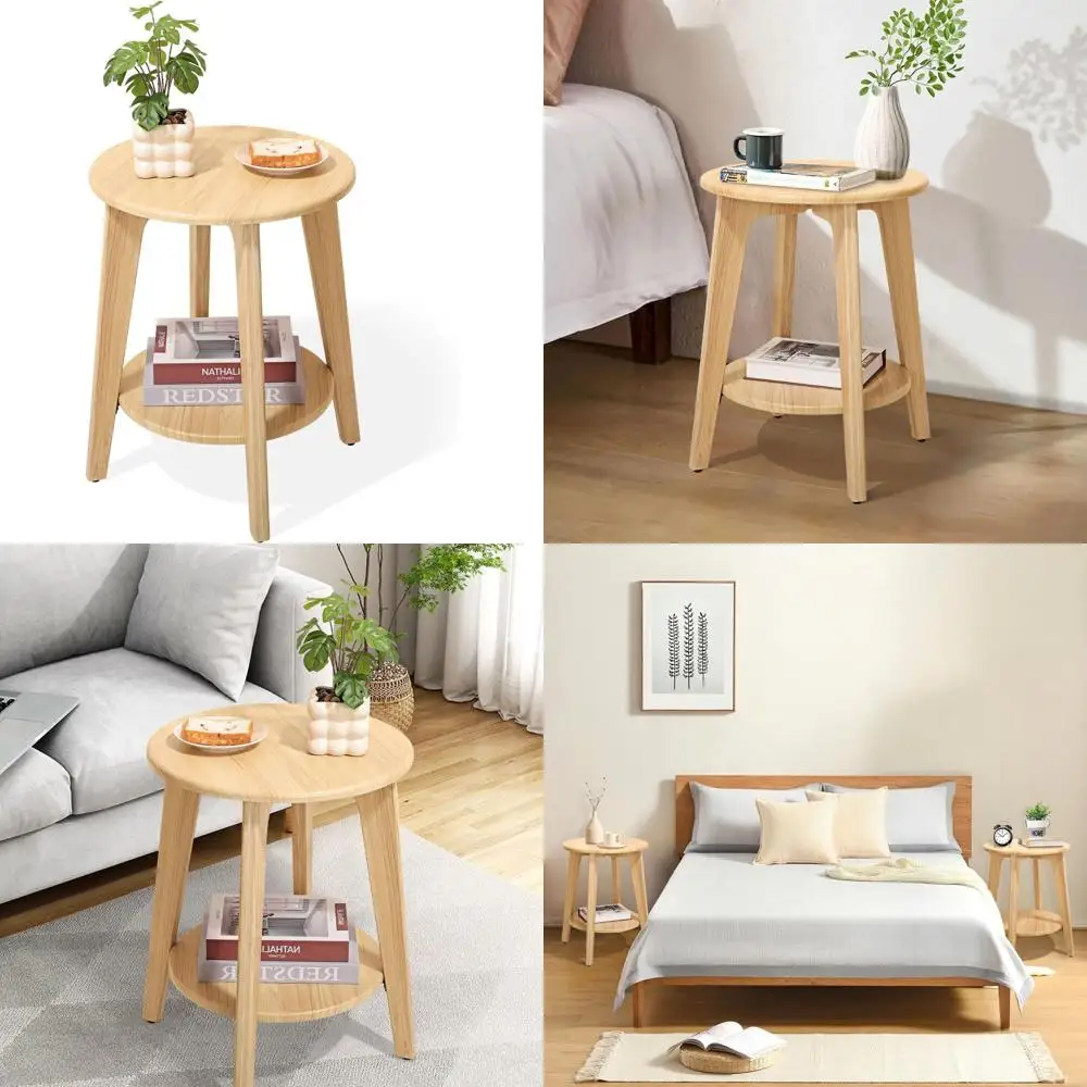 

Compact Round Walnut Side Table with 2 Shelves, Modern Accent Table for Living Room, Bedroom, and Small Spaces