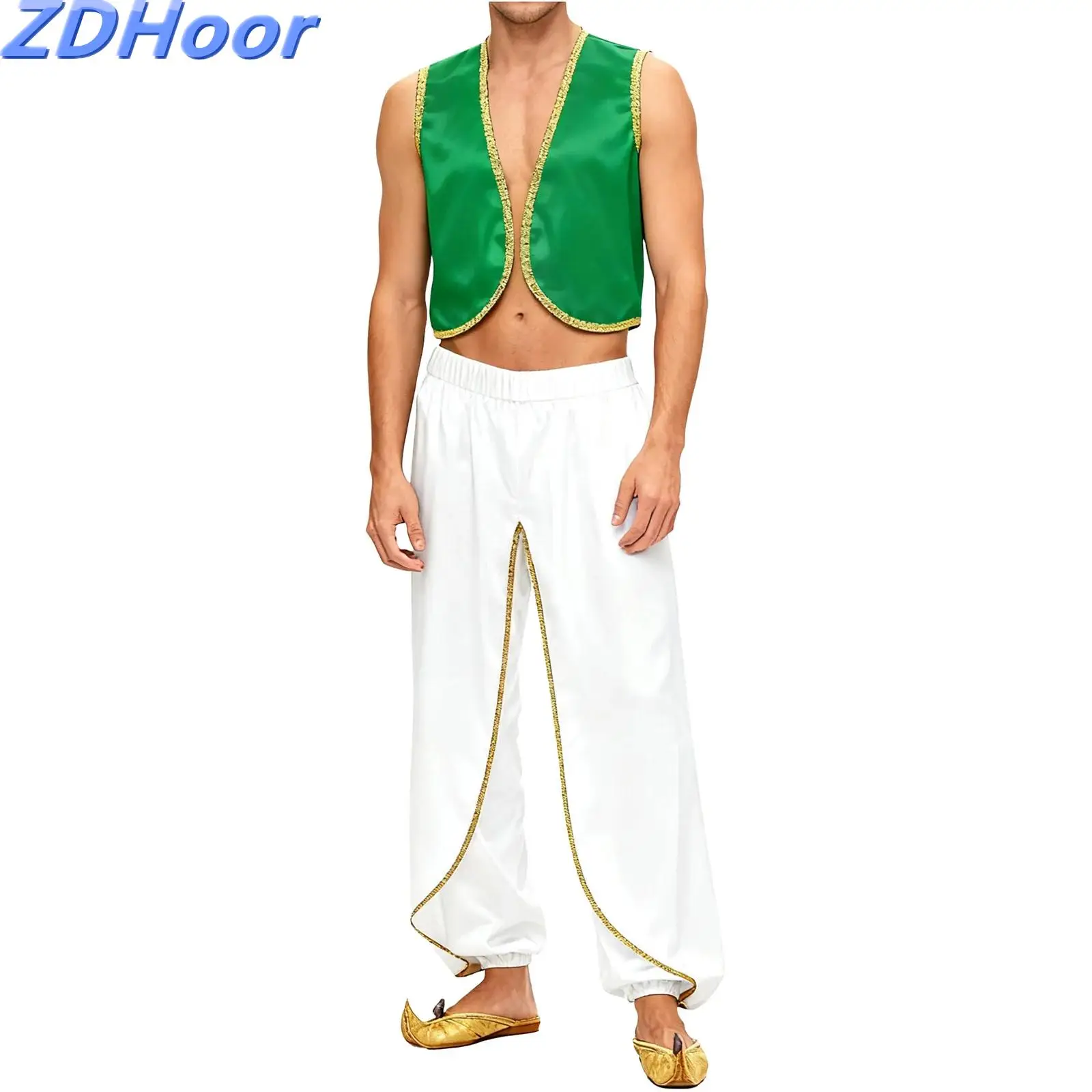 

Men Arabian Prince Cosplay Costume Gold Trim Open Front Vest And Baggy Pants India Dhoti Palazzo Trousers for Halloween Party