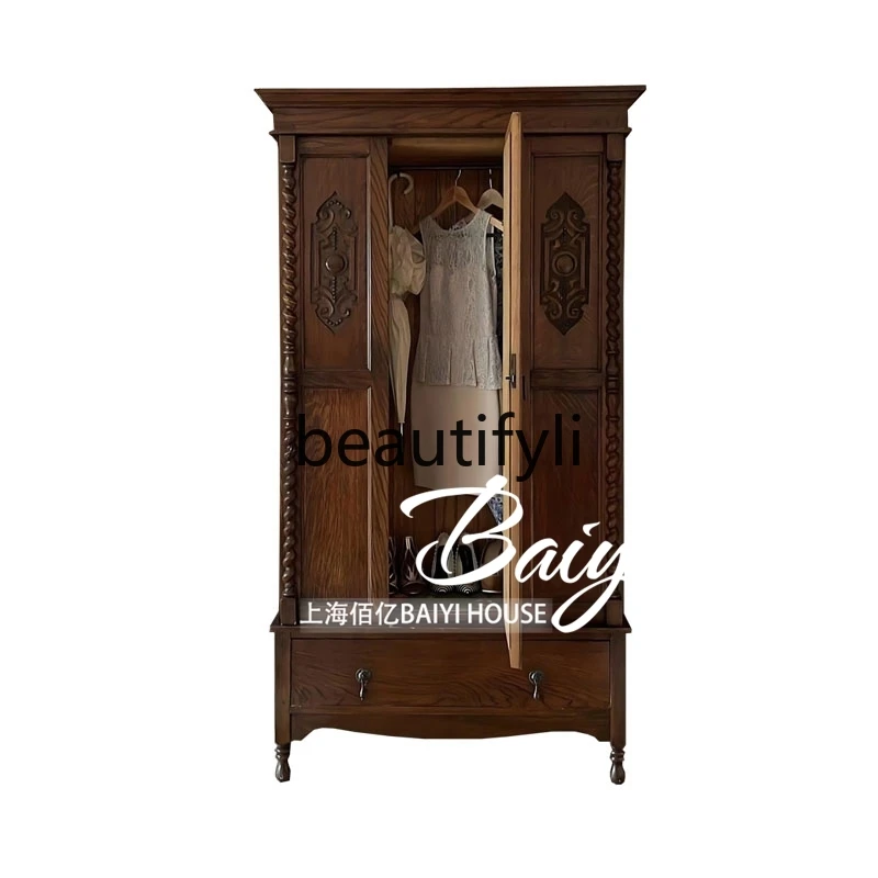 American, retro, wardrobe storage, French, solid wood engraving two-door wardrobe storage