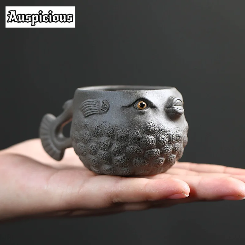 60ml Chinese Yixing Zisha Teacup Handamde Biomimetic Puffer Master Cup Raw Ore Green Grey Mud Purple Clay Tea Bowl Kung Fu Set