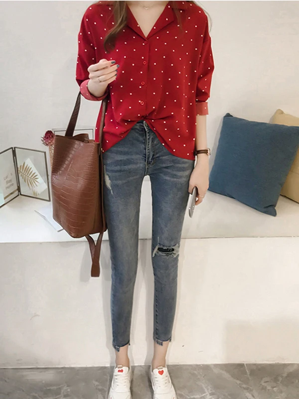 Polka Dot Print Loose V-Ne Long Sve Chiffon Top Street Sle Loose Fit irt for Women 8-24 Years Old Spring Season