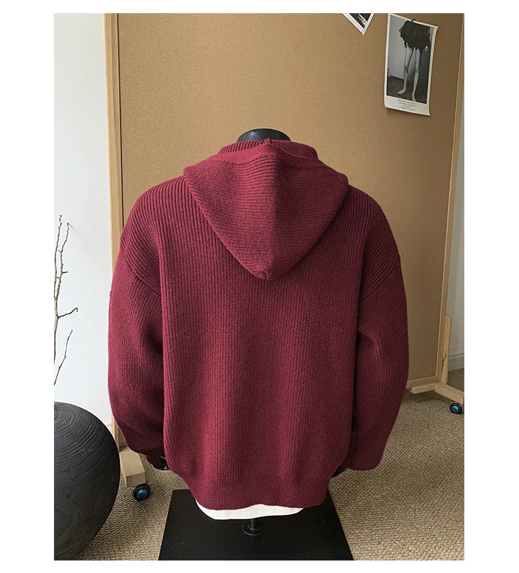 2026 New Autumn Winter Simple Solid Color Knitted Hoodie Men Japan Korean Fashion Casual Loose Double Zipper Hooded Jacket