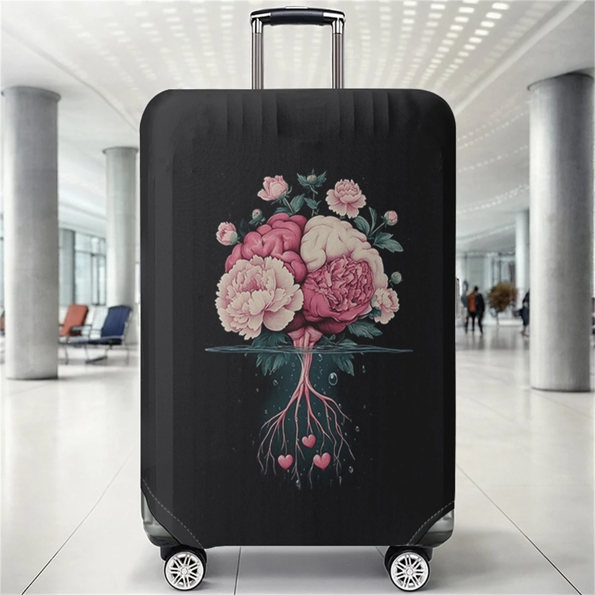 

Brain Flower Peony Heart Root Black Pattern Luggage Protective Cover, suitable for 18-32 inch luggage covers, luggage handle glo