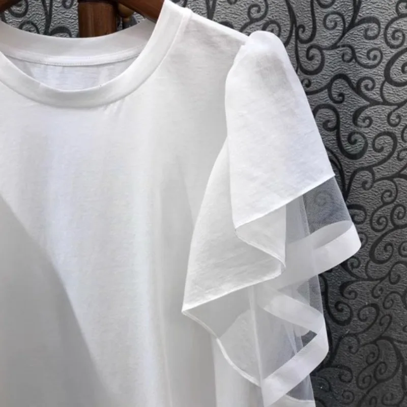 Neploe Fashion Ruffles Patchwork Short Sleeve T-shirts 2204 Summer New O-neck White Tee Shirt Y2k All-match Loose Tops Women