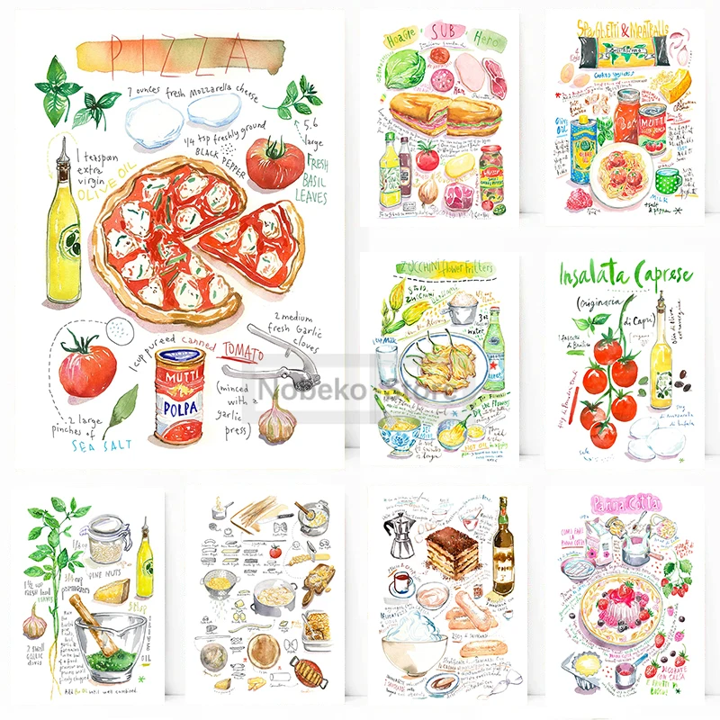 Italian Food Recipe Posters Watercolor Colorful Italy Cuisine Prints Canvas Painting Wall Art Home European Kitchen Decoration