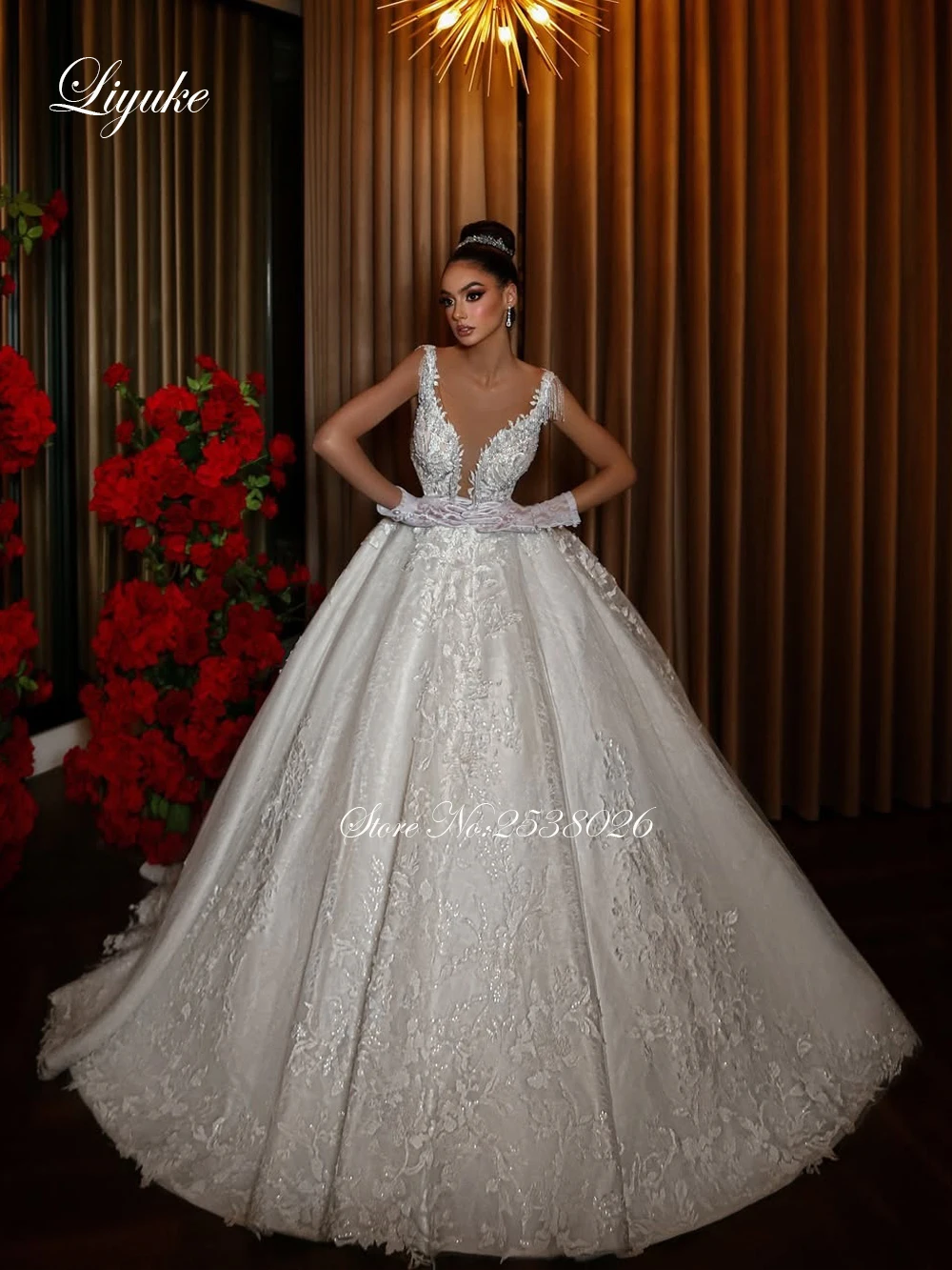 Liyuke personalizado feito chique bordado renda com decote em v a linha vestido de casamento sparking bling miçangas rendas tribunal trem vestidos de noiva