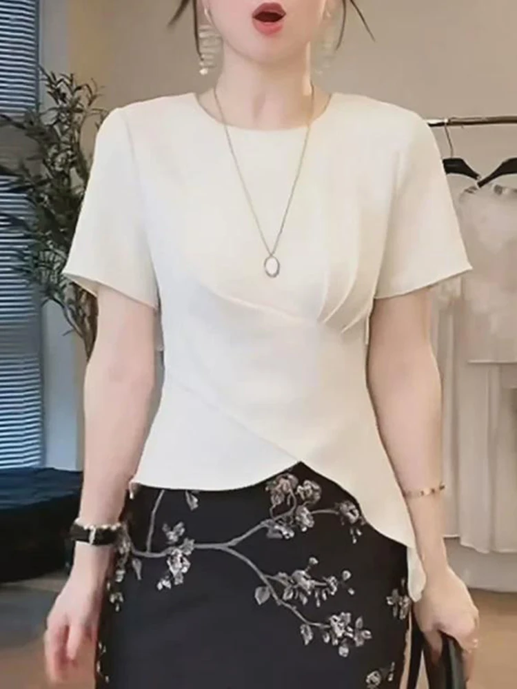 

Женский летний топ с асимметричным подолом, приталенный, модный, уникальный, в корейском стиле, с круглым вырезом