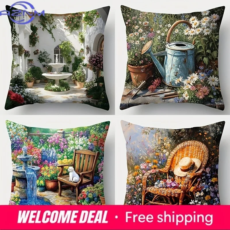 Charming Garden Scene PillowcasesLiving room sofa cushion cover, soft and comfortable, bedroom room decoration