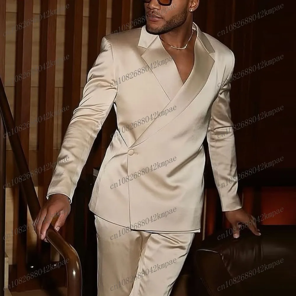 

New Beige Acetate Satin Men Formal Tuxedos Groom Groomsman Wedding Party Prom Male Business Suit 2 Piece Set Blazer Pants