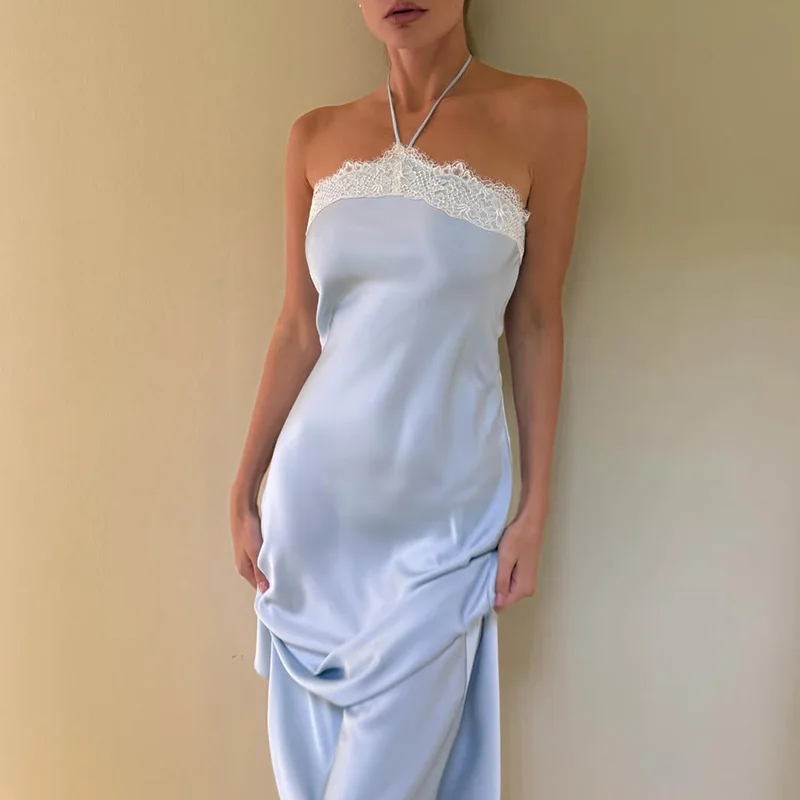 Slim Bodycon Summer Sleeveless Soft Casual Chic Bright Midi Dresses Designed For Women Street French Lace Patchwork Neck-Mounted