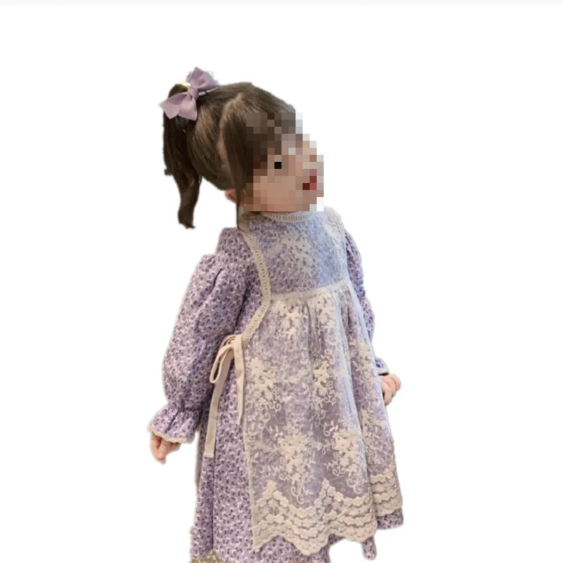 Girl\'s Floral Trumpet Sleeve Floral Dress with Lace Apron for Autumn Wear, New Children\'s Clothing Baby Girl Clothes