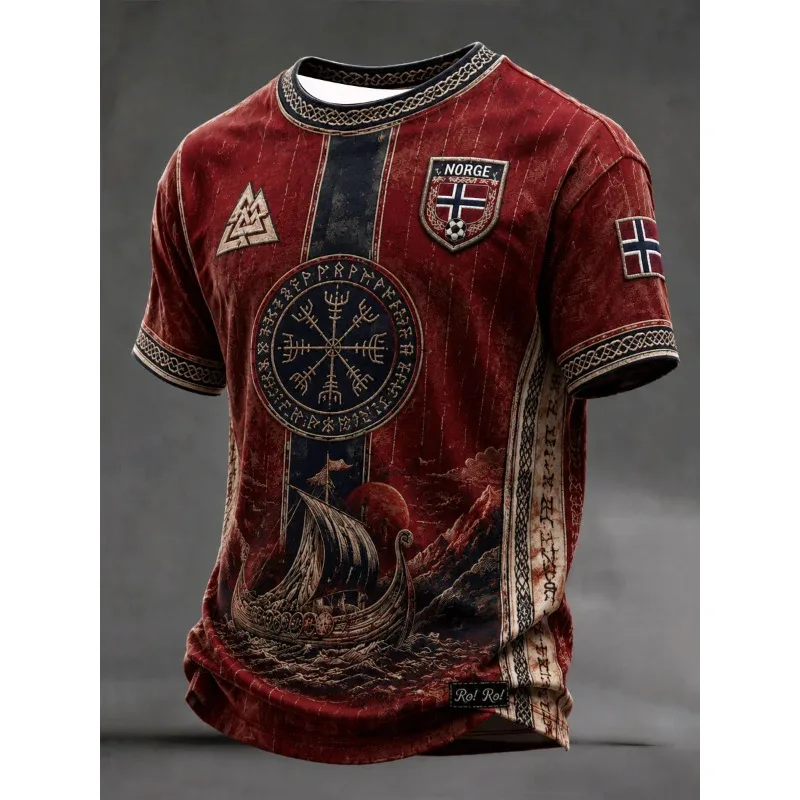Soccer Football Jersey Norway Norge Viking 3D Print T-Shirt Runic Compass Ship Graphic Unisex Short Sleeve Fan Supporter Tee
