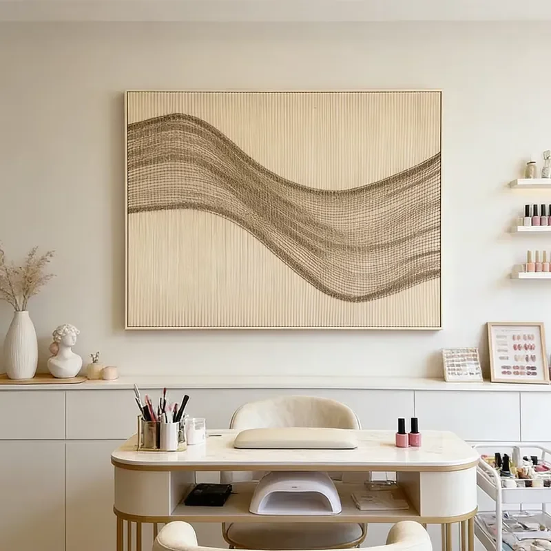 Handcrafted Layered Wave Framed Earthy Tone Artisan Textile Wall Sculpture for Nail Salons & Studios