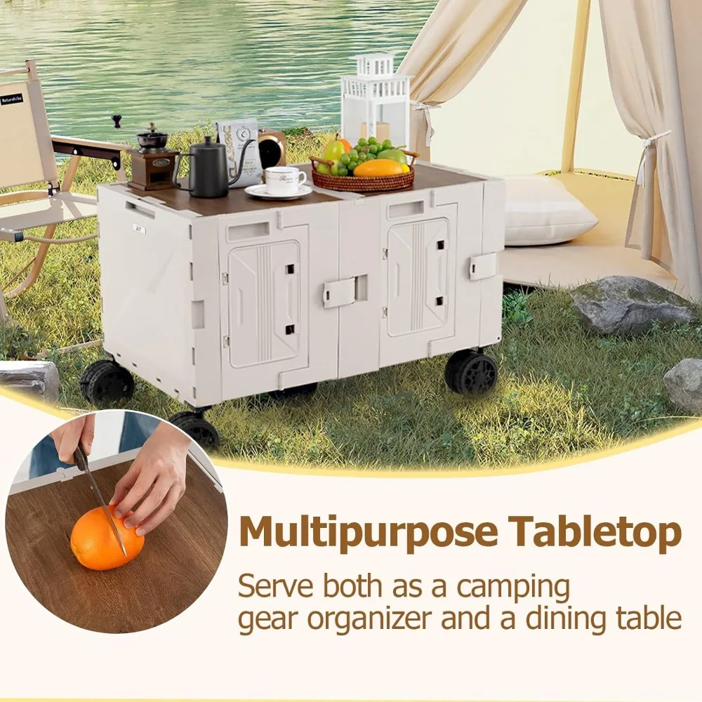 عربة دوارة محمولة مع صناديق تخزين من طبقتين، 5 عجلات دوارة، مقبض معدني تصغير، عربة أدوات كبيرة قابلة للطي