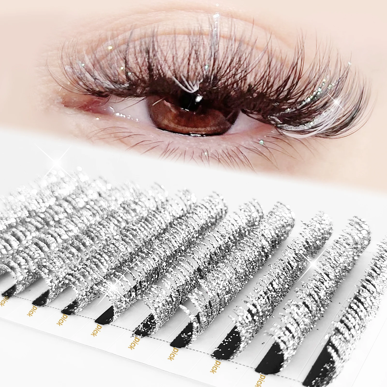 Honey Silvery Glitter Eyelash Extensions Wedding Lashes D Curl 0.07 Thickness 10-15mm DIY Diamond Eyelashes