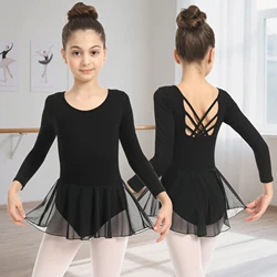 1 pcs Ballet Leotard for Girls Crisscross Hollow Back Dance Leotards with Skirt Kids Long Sleeve Dancewear Mesh Ballet Dress