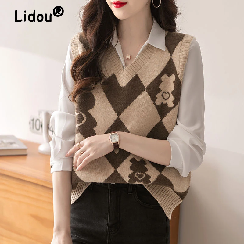 Women Vintage Argyle Simple V Neck Sleeveless Outewear Knitted Sweater Vest Autumn Winter Female Casual Loose Pullover Waistcoat