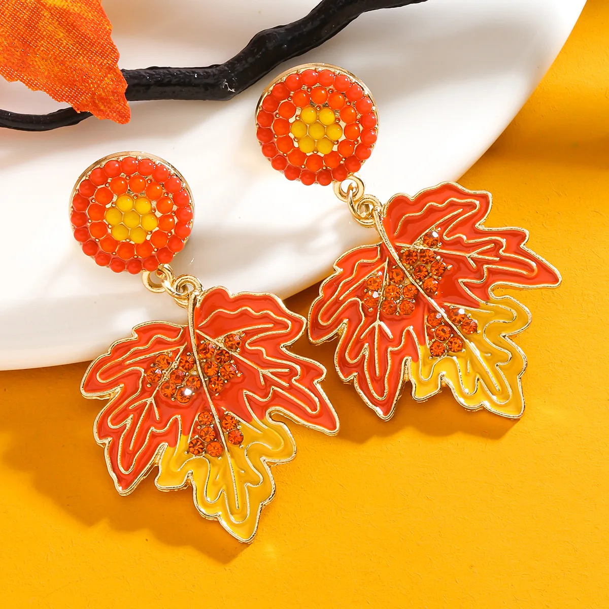 Dvacaman Thanksgiving Beaded Rhinestone Maple Leaf Earrings,Crystal Drop Fall Earrings,Festival Holiday Party Jewelry Gifts