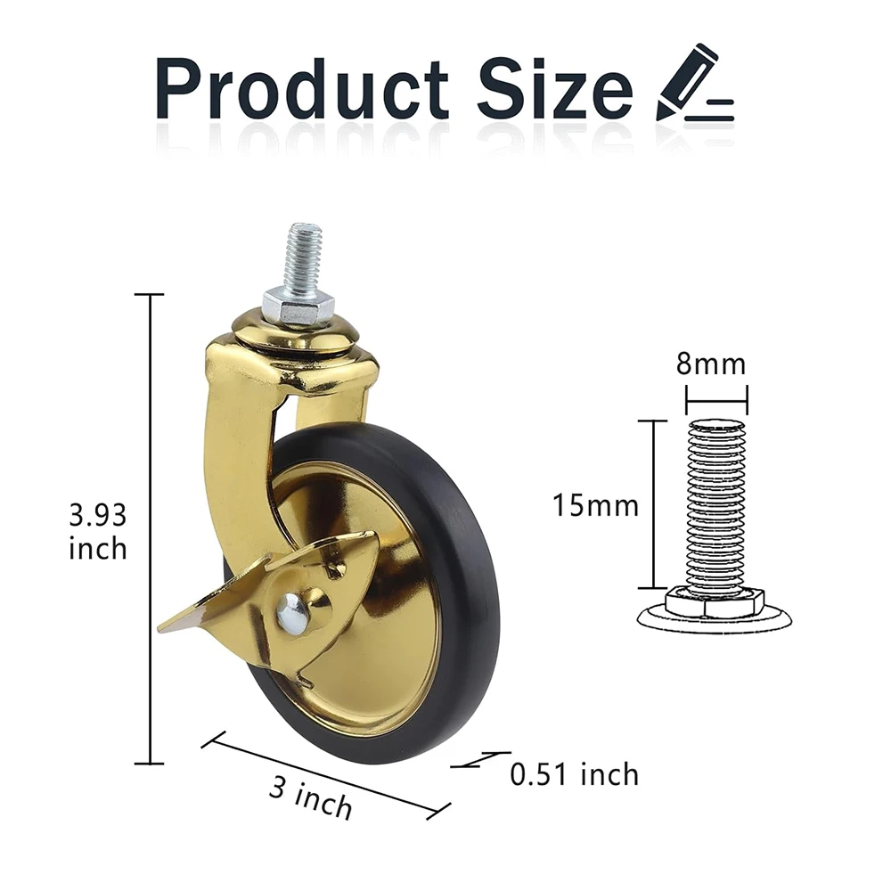 Ruote con stelo girevole da 3 pollici con freno per ruote del carrello del ristorante dell\'hotel con filettatura 8x15, capacità totale leggera 160