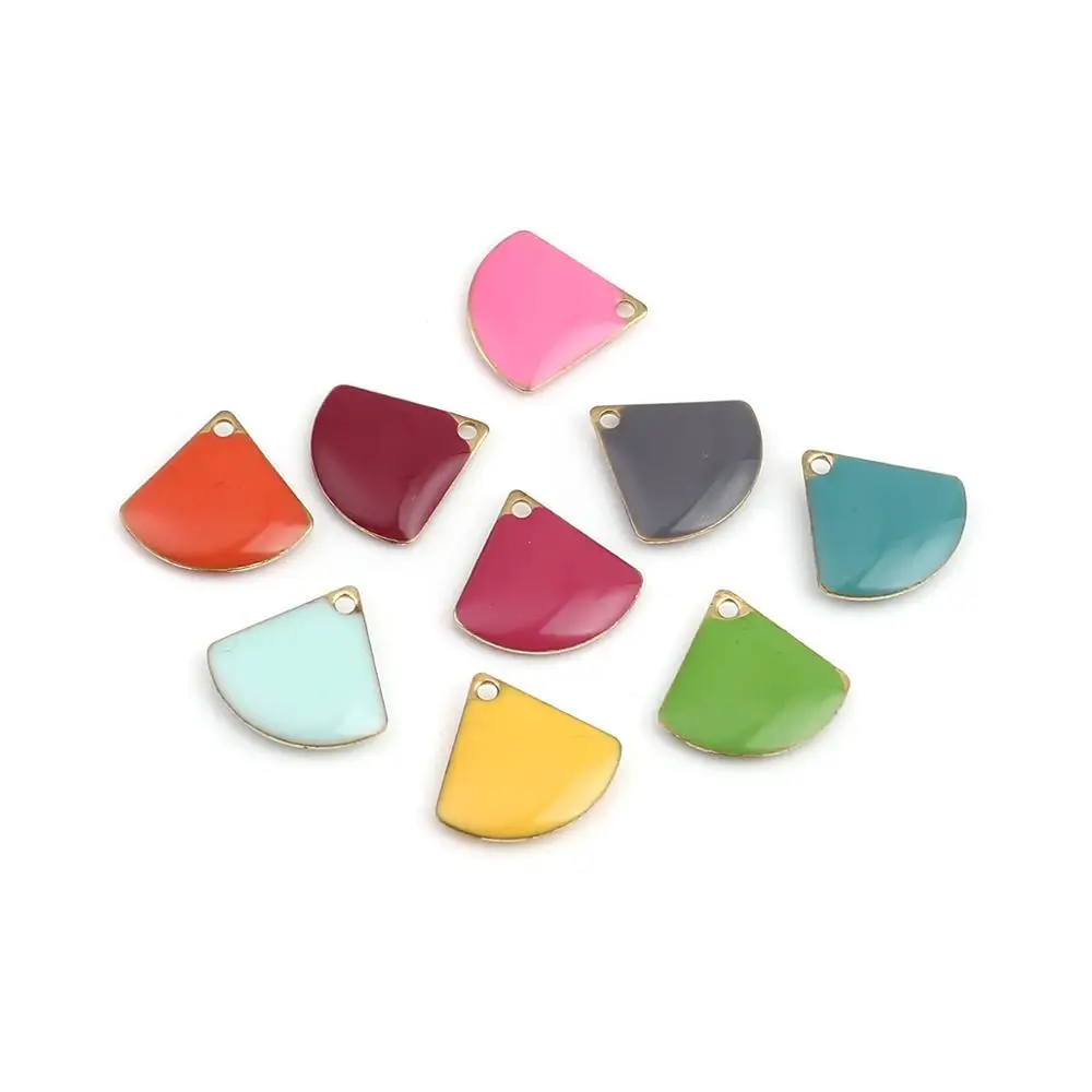 10pcs Copper Charms Enamelled Sequins Gold Color Metal Geometric Colorful Fan-shaped Pendants DIY Earrings Jewelry 13mm x 12mm