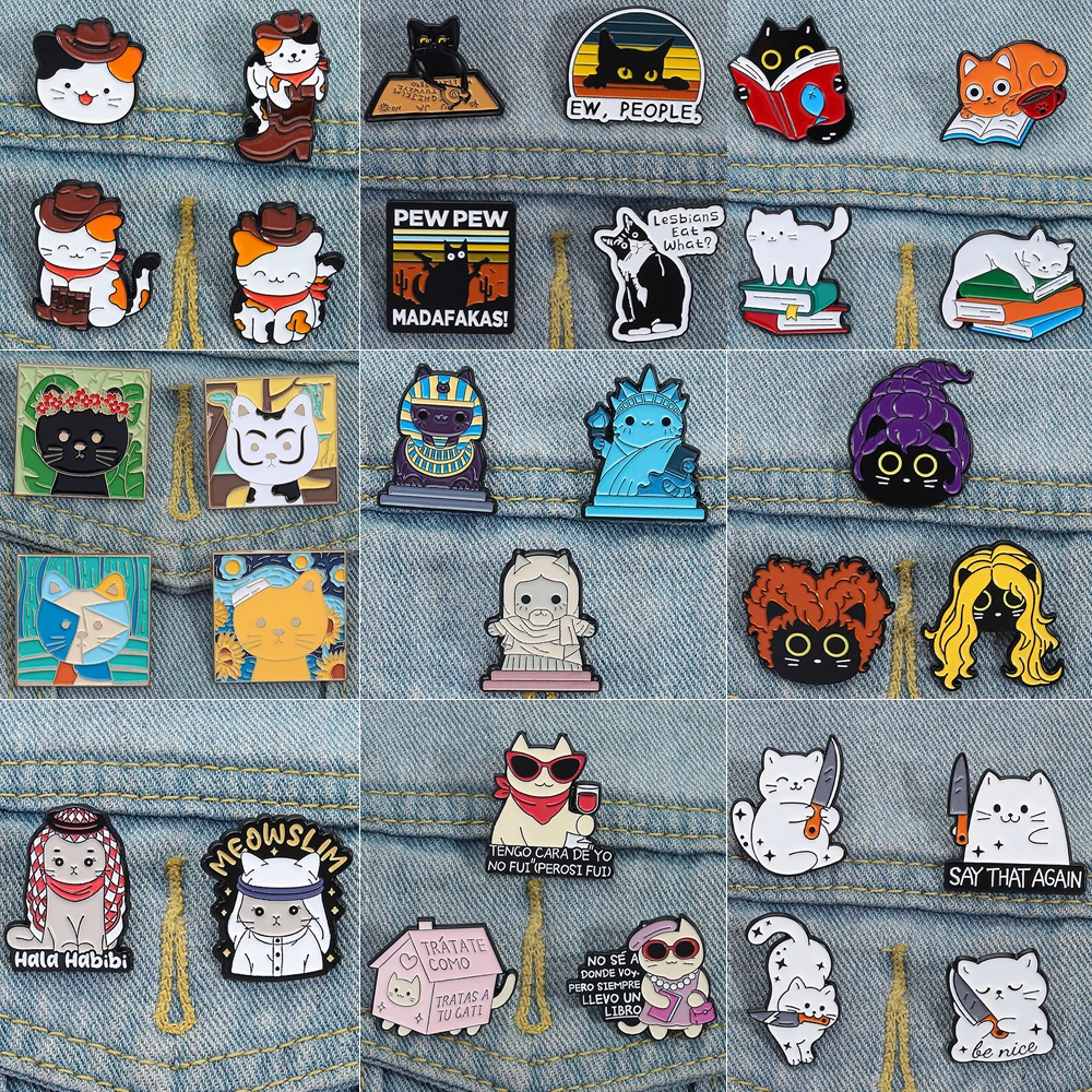 

2-6Pcs Cute Cat Metal Brooches Pins Cowboy Witch Ghost Book Yoga Cans Flame Wine Cigarette Dice Sculpture Cat Badge Jewelry Gift