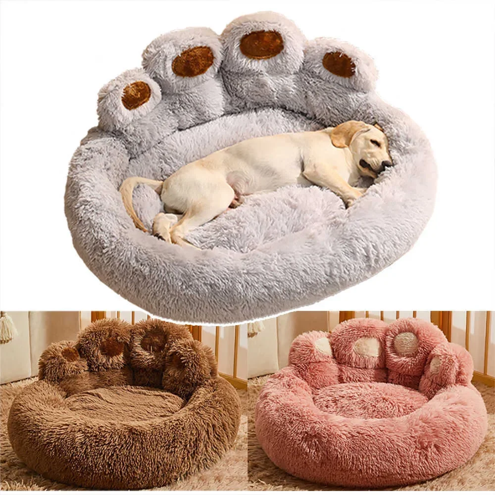 2025 New Kennels Pens Winter Bear Paw Shape Casa Soft Sofa Washable Long Plush Indoor And Outdoor Medium Large Pet Bed Warm Mat