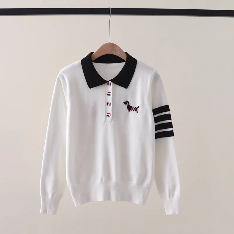 Knitted Women's Polo Collar Top Autumn/Winter New Top Women's Embroidered Striped Age Reducing Collar Long Sleeve Knitted Base