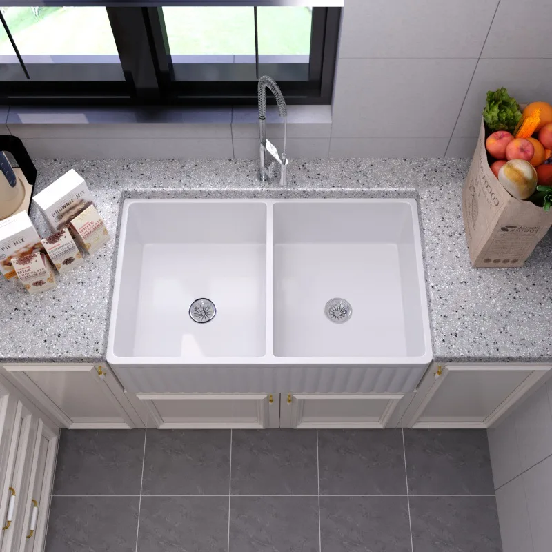 

Sink Kitchen Ceramic Vegetable Basin Double Sink Quiet Light Luxury Dishwashing Sink Integrated Household