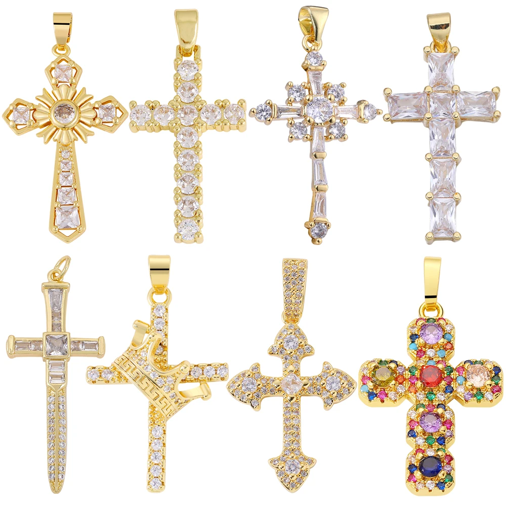 Juya DIY Religious Pendant Supply Handmade 18K Plated Cubic Zirconia Cross Charms For Women Men Prayer Christian Jewelry Making