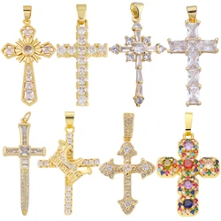 Juya DIY Religious Pendant Supply Handmade 18K Plated Cubic Zirconia Cross Charms For Women Men Prayer Christian Jewelry Making