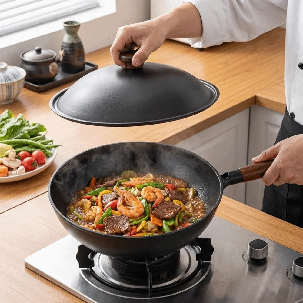 Hand-forged Cast Iron Wok Pan with Lid Wooden Handle Titanium Iron Pot Non Stick General Use Chinese Wok Gas Induction Cooker