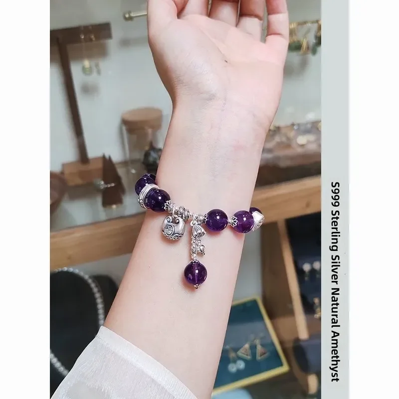 Natural snowflake amethyst silver bracelet, women's Panax notoginseng silver heavy industry Panjia bracelet, high-end gift