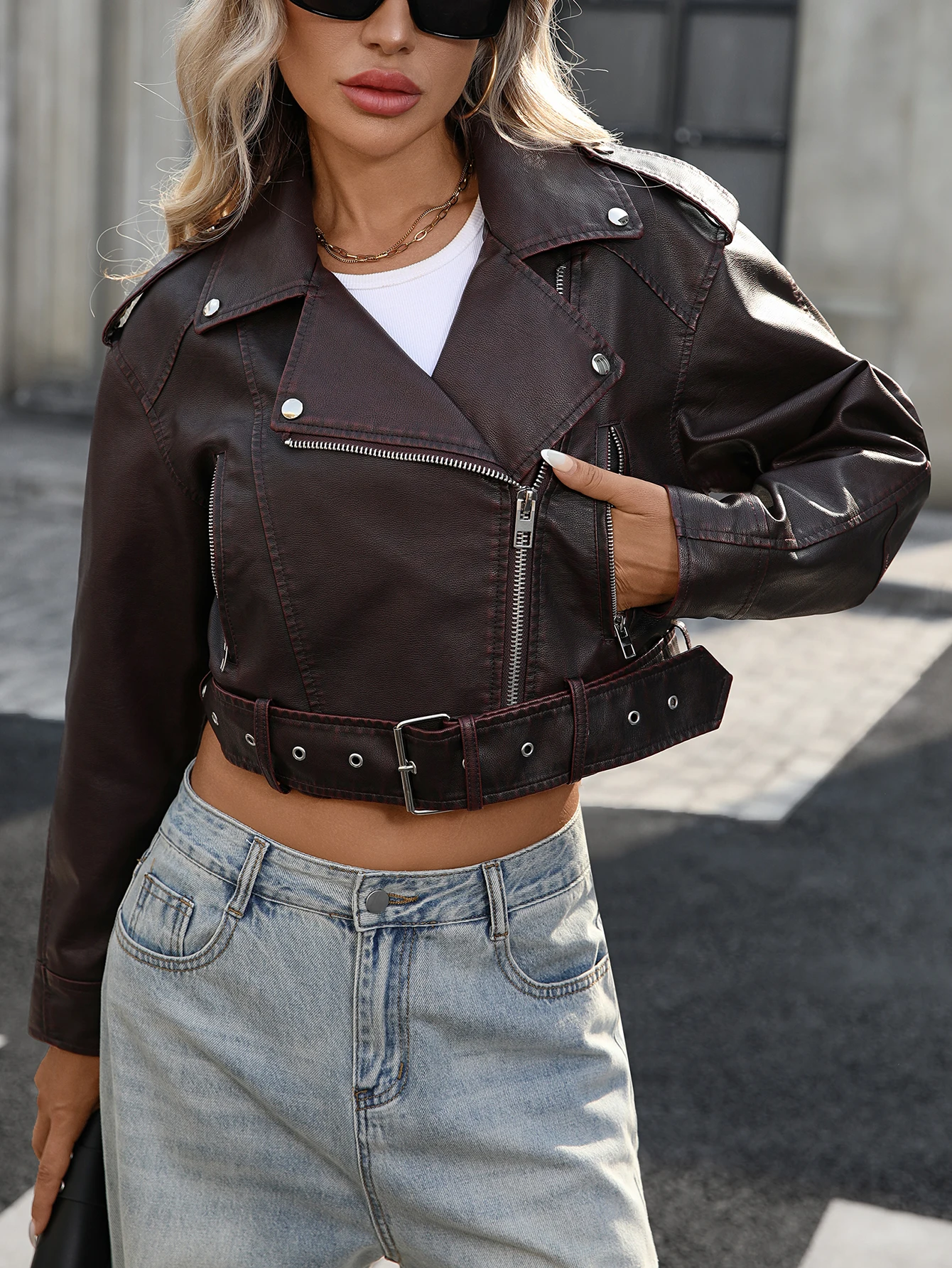 Damska krótka kurtka ze sztucznej skóry, casualowa kurtka bomberka motocyklowa z paskiem