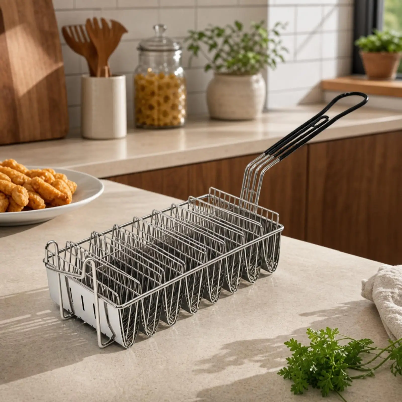 Stainless Steel Taco Frying Mold with V Shape Dividers for Crispy Shells Deep Fryer Basket with Long Heat Resistant Handle