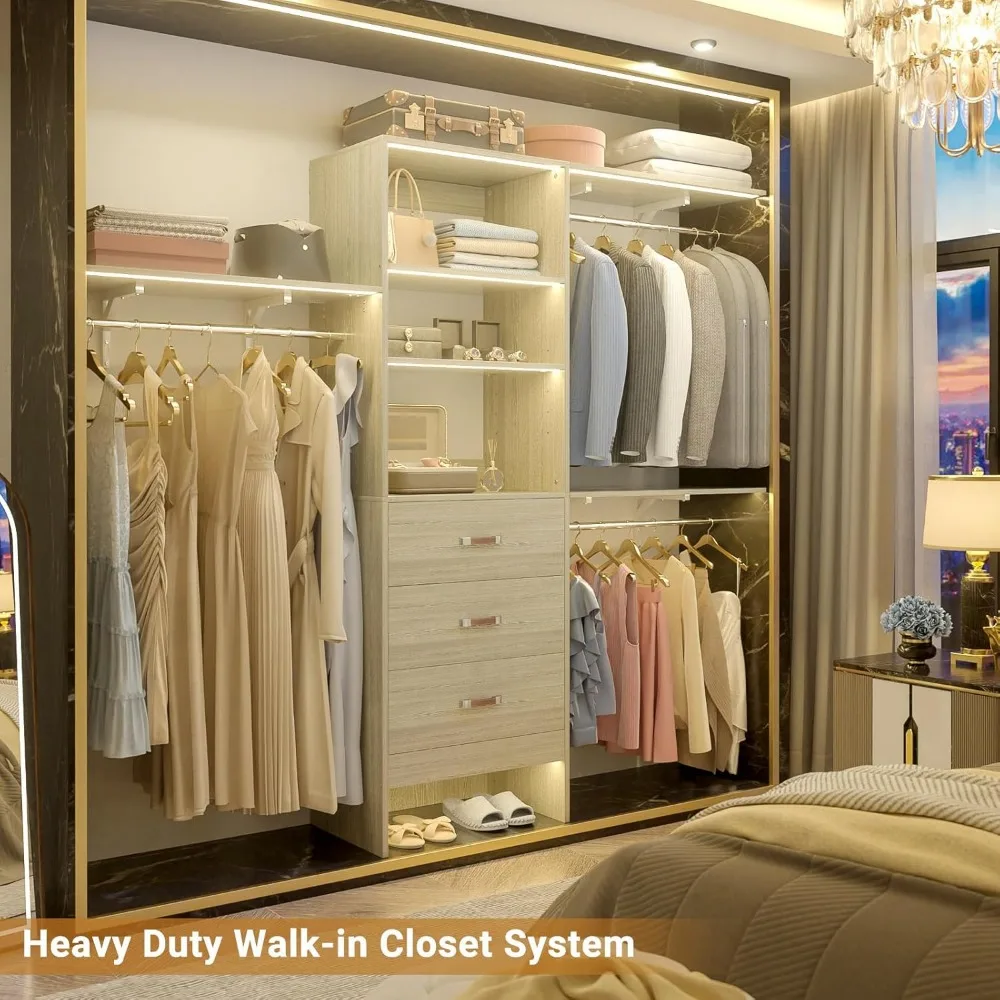 96 Inch Closet System with 3 Wooden Drawers, Closet Organizer System with Storage Shelves Cutable,  Walk-in Closet, Wardrobes