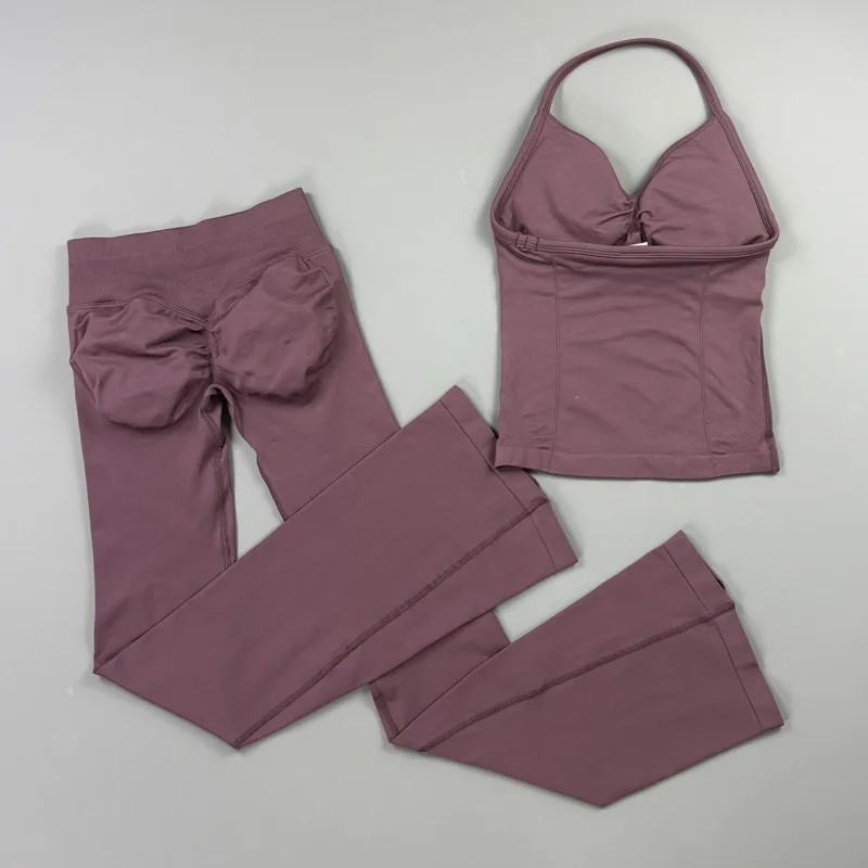 2 Piece Wide Flare Fitness Set Women High Support Sports Longline Strappy Top Squat Proof High Stretch Casual Workout Outfit