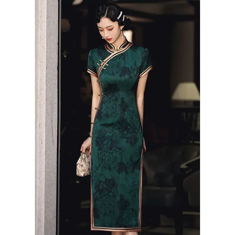 Chinese Vintage Cheongsam Dark Green Improved Retro Republican Elegant Slim Long Dress Qipao Traditional Clothing For Women