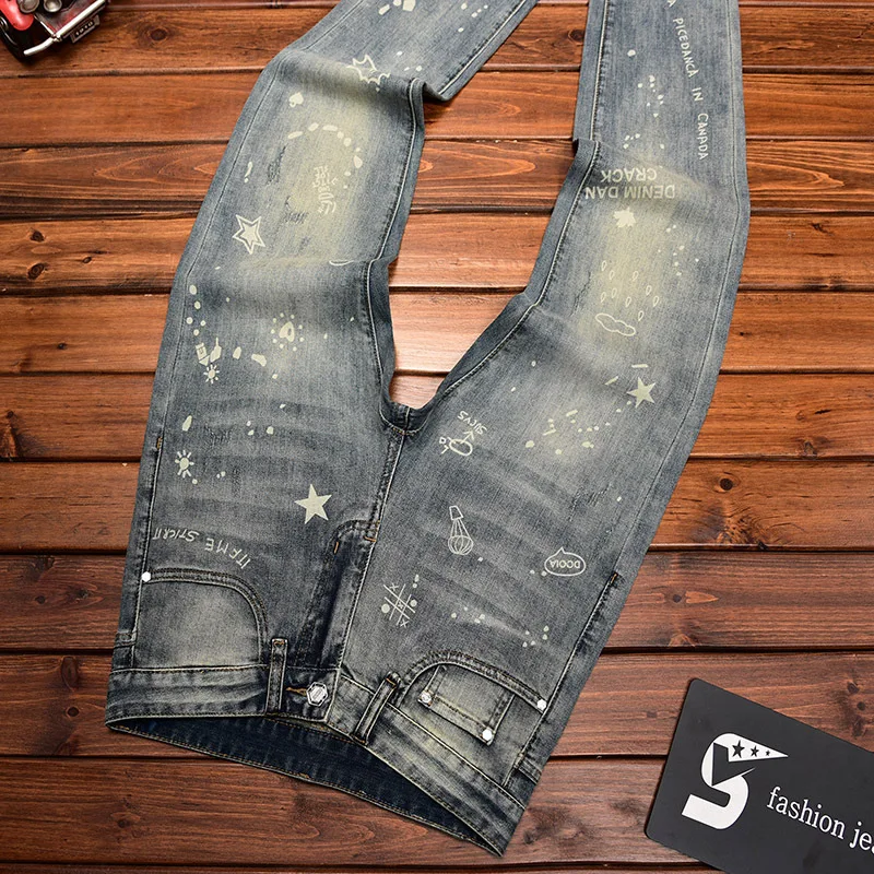 Trendy printed slim fit jeans for men, stretchy casual street fashion, 2025 summer thin light colored long pants