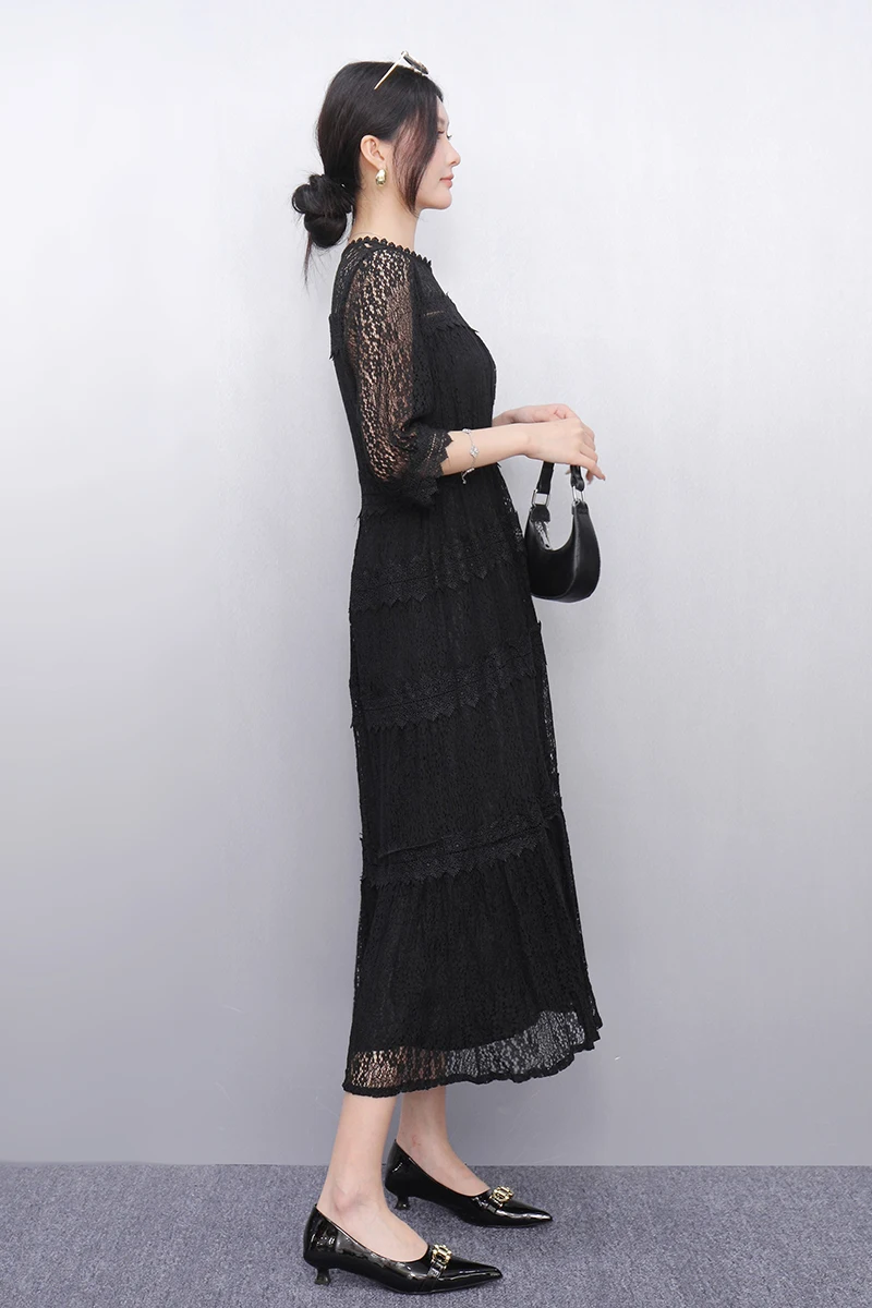 2025 ربيع وصيف جديد أنيق تفريغ الدانتيل فساتين طويلة فضفاضة النساء موضة فستان قصير الأكمام السيدات بالجملة J944