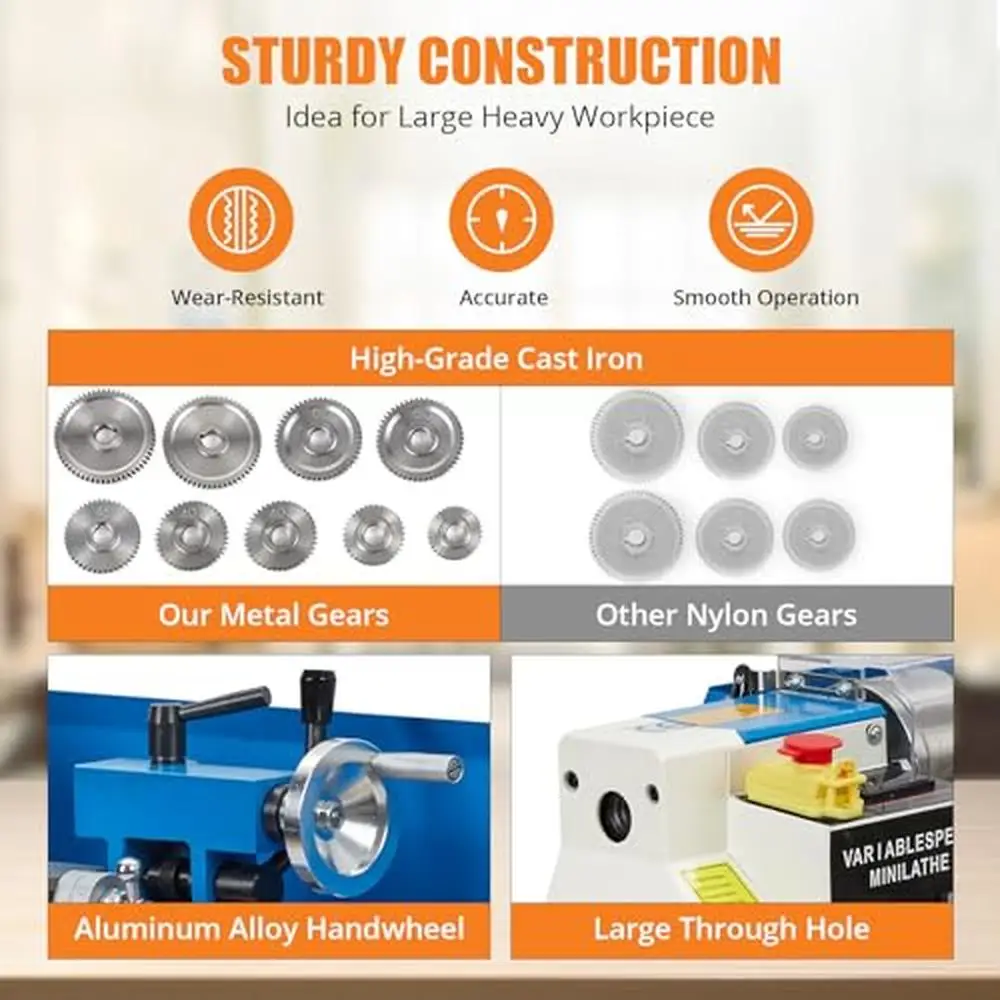 เครื่องกลึงโลหะ 7 "x 14" Benchtop 550W ความเร็วตัวแปร CNC 3-Jaw Chuck กล่องเครื่องมือจอแสดงผล LED ป้องกันความปลอดภัย