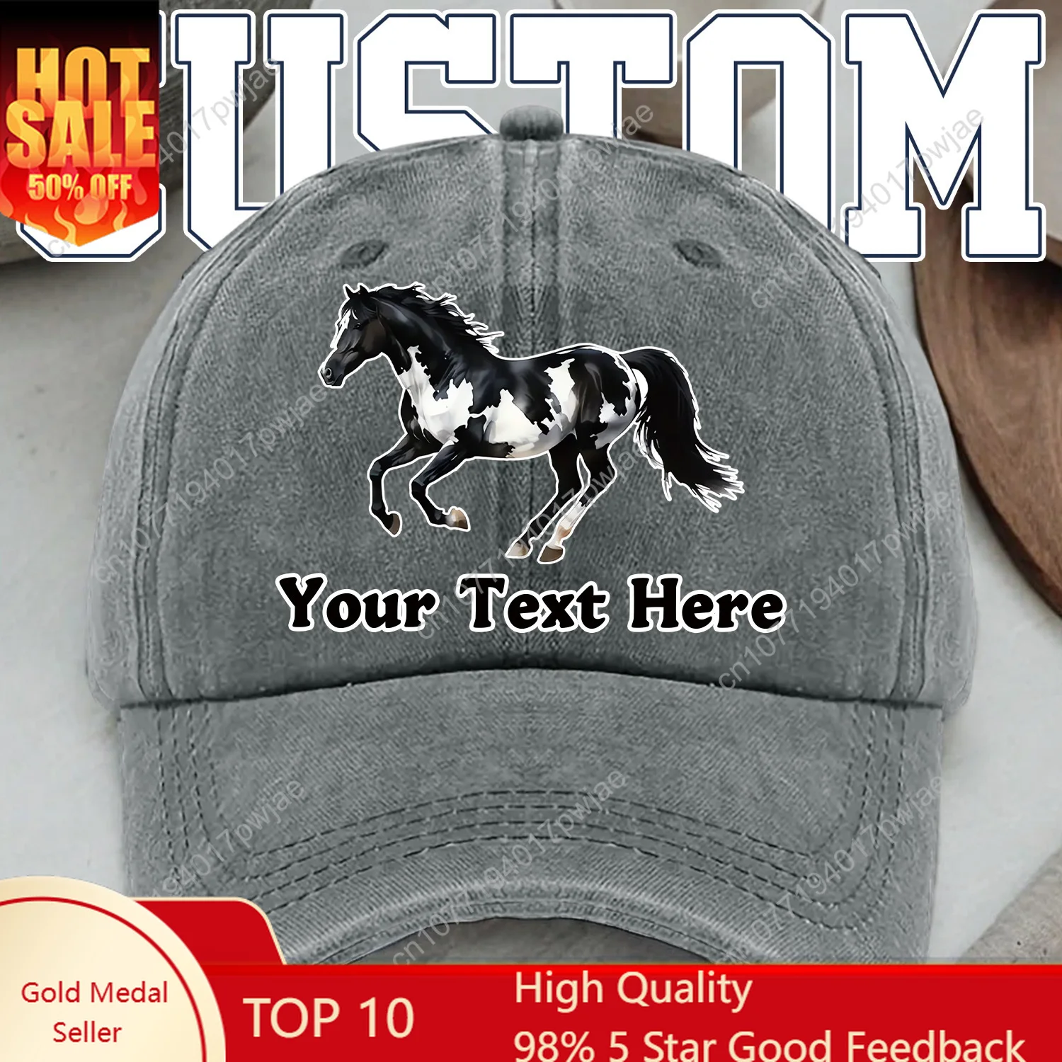 

[Horse Print Baseball Cap] Customizable Black and White Horse Print Baseball Cap - Adjustable, Lightweight Polyester, Machine Wa