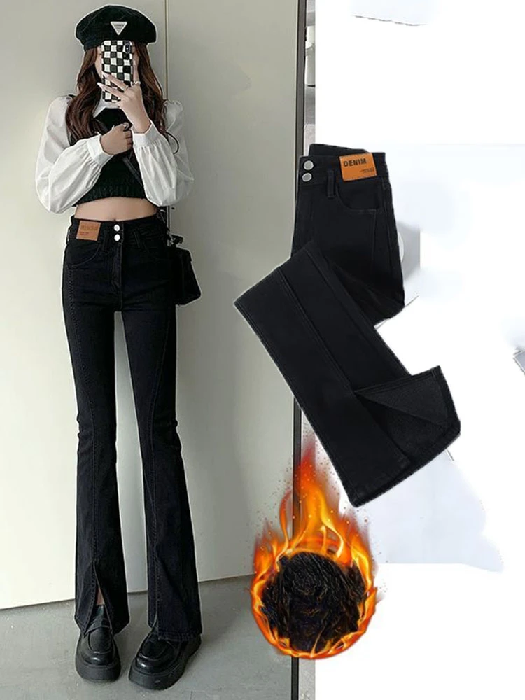 

Skinny Split Flare Jeans Korean Fashion Velvet Womens Denim Trouser Casual Warm High Waist Fleece Vaqueros Thick Oversize Z142